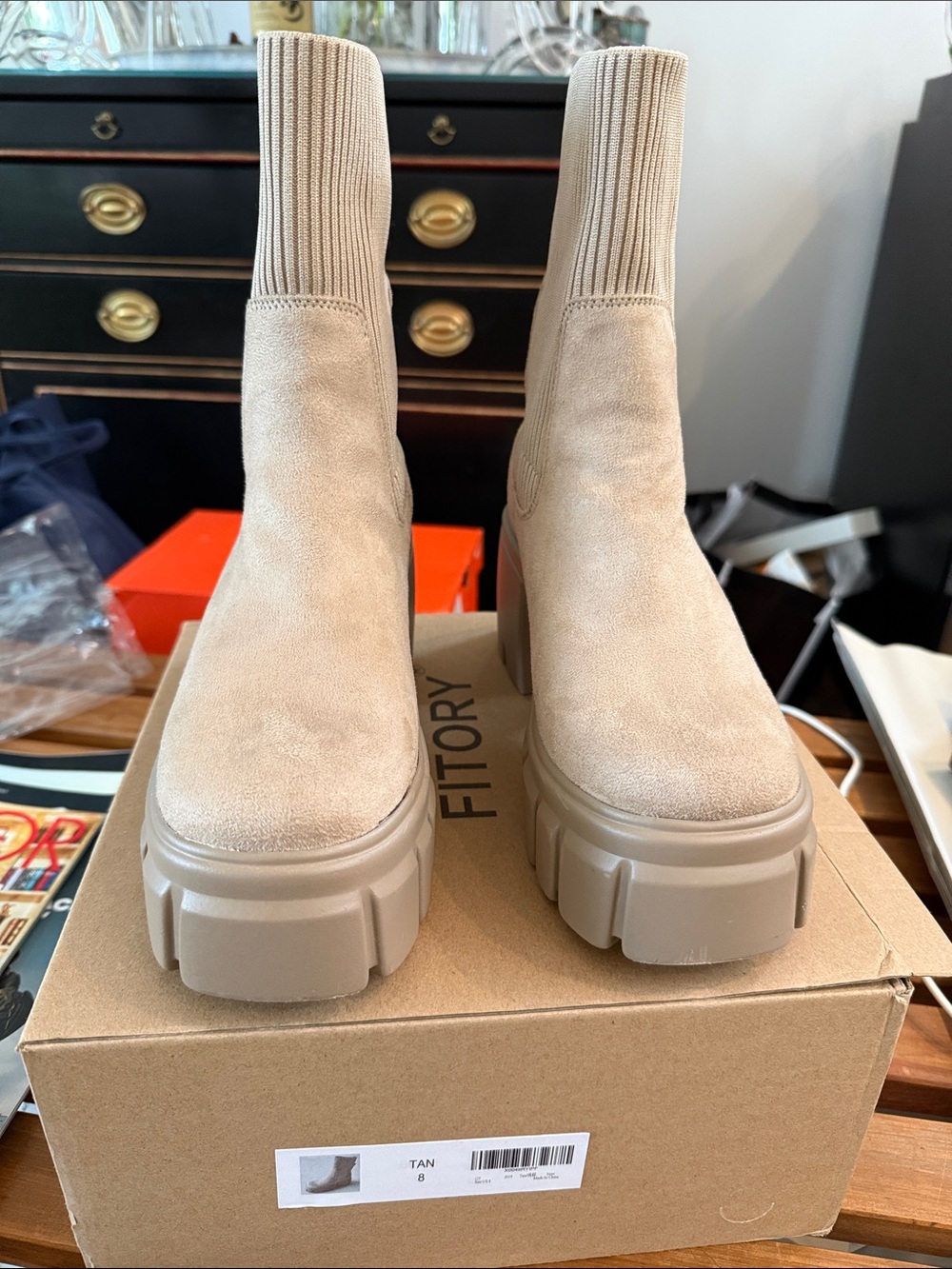 Chunky Chelsea Ankle Boots in Tan Suede